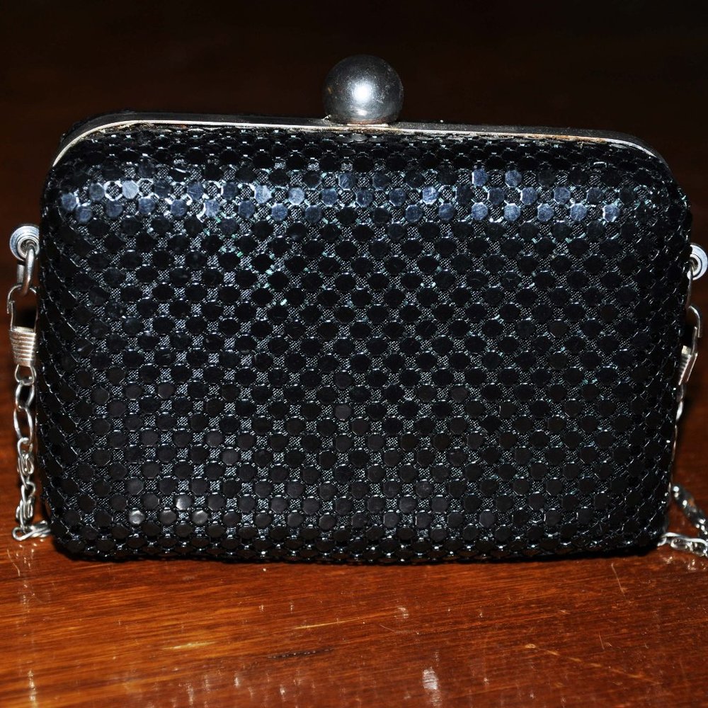 Shimmering Black Mirrored Oblong Evening Purse With Silver Clasp & Silver Chain